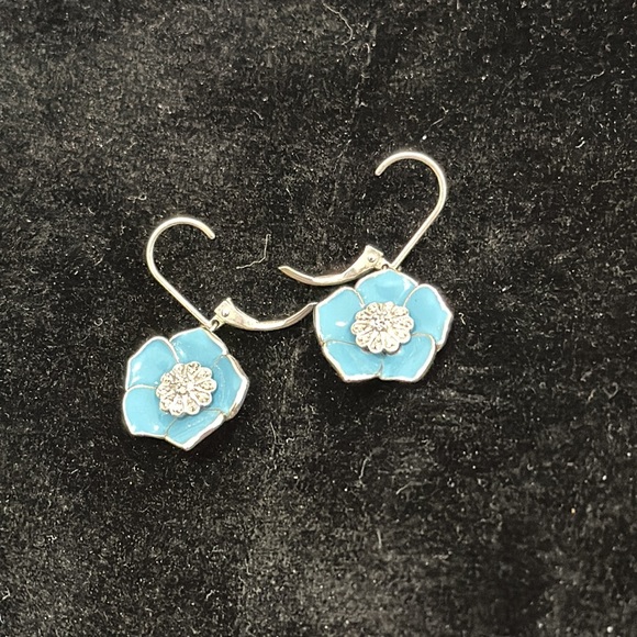 Diamond flower earrings. Aqua blue with diamonds in center of flower. Like new!! - Picture 2 of 2